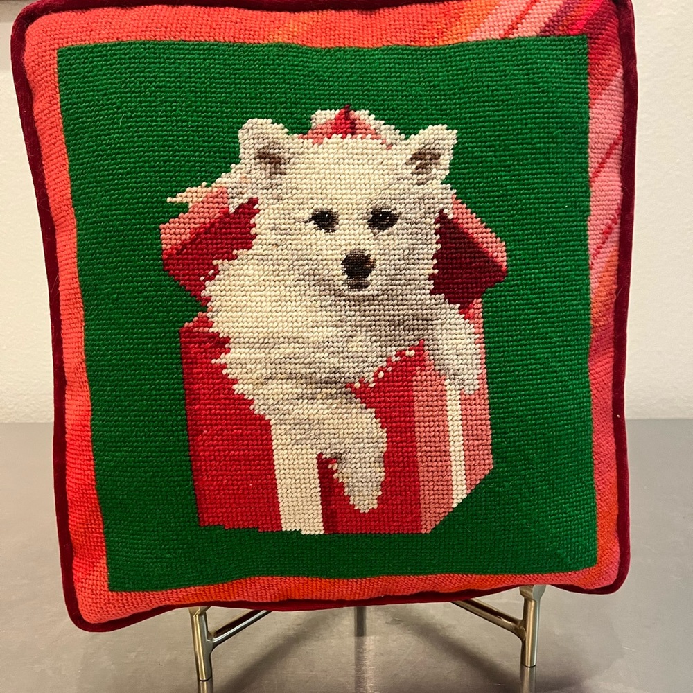 Festive/Holiday velvet Dog Needlepoint Pillow 13x13